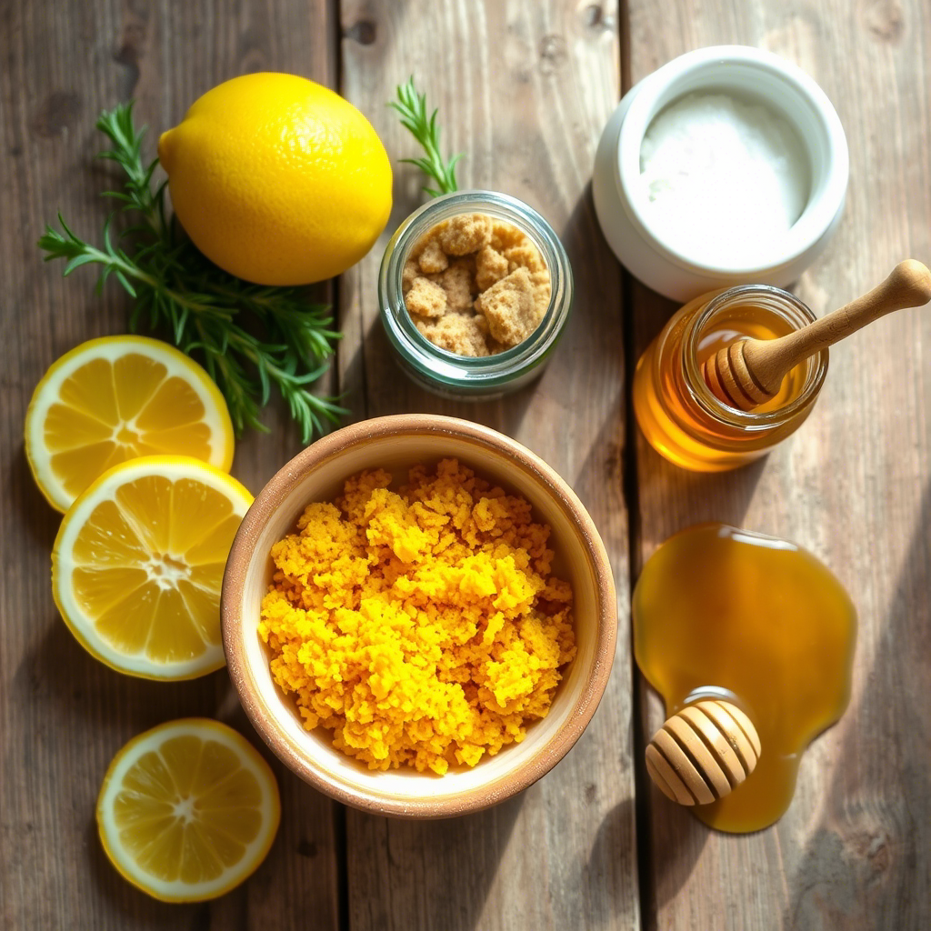 Une table en bois rustique sur laquelle sont disposés les ingrédients d'un gommage naturel fait maison. On y voit un bol en céramique contenant une préparation dorée et granuleuse, entouré de tranches de citron frais, de sucre roux dans un petit récipient en verre, de branches de romarin et d'un petit pot de miel avec sa cuillère en bois. La lumière naturelle met en valeur les textures et les couleurs des ingrédients, créant une ambiance chaleureuse et invitante.