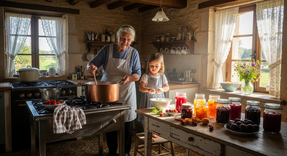Grand-mère préparant des confitures maison dans sa cuisine