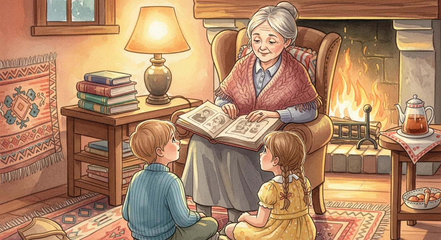 Grand-mère racontant des histoires de famille à ses petits-enfants au coin du feu