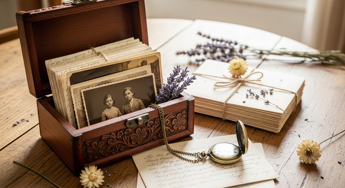 Boîte à souvenirs avec photos anciennes et lettres de famille