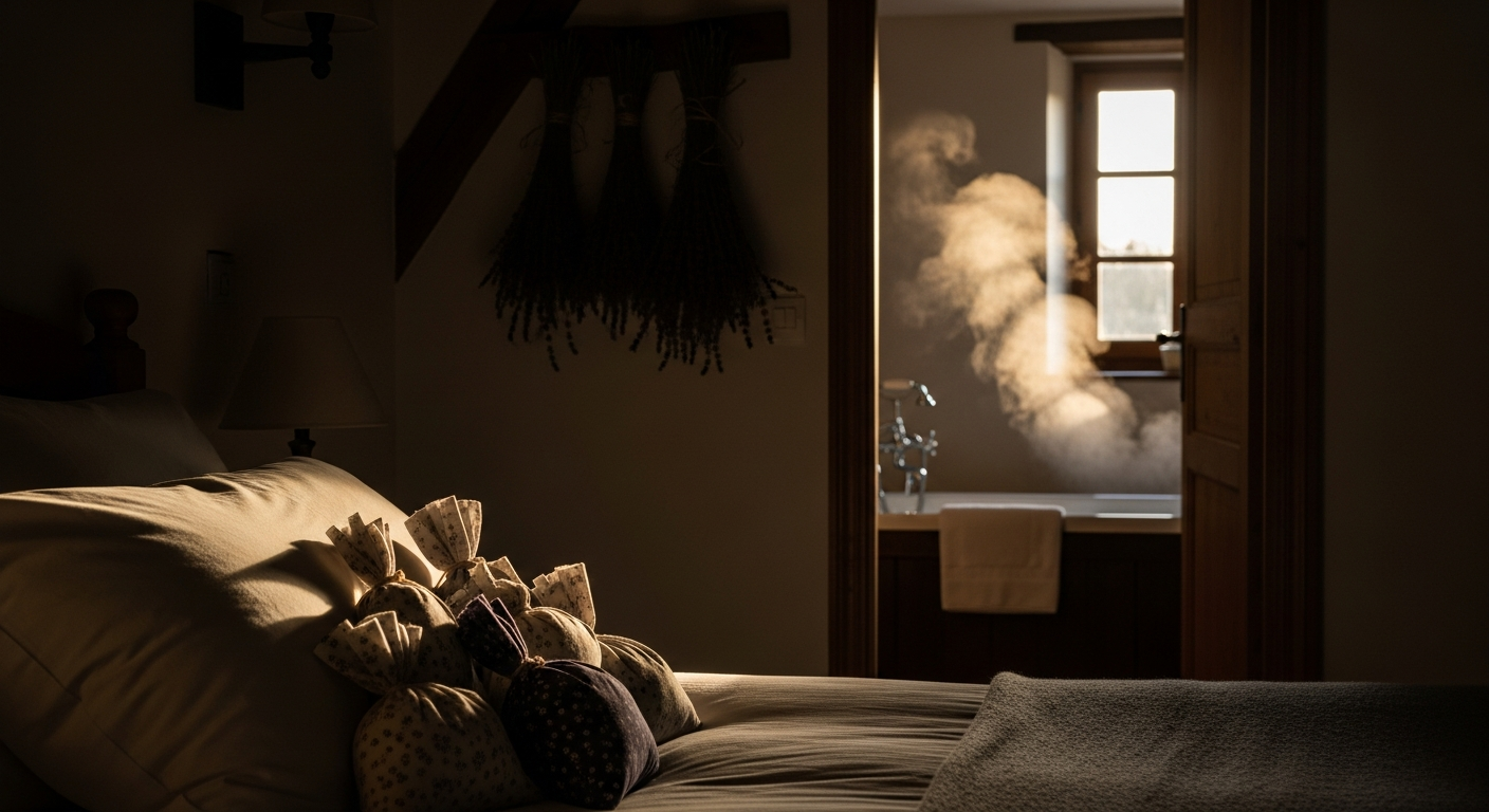 Chambre paisible avec sachets de lavande et rituel du coucher