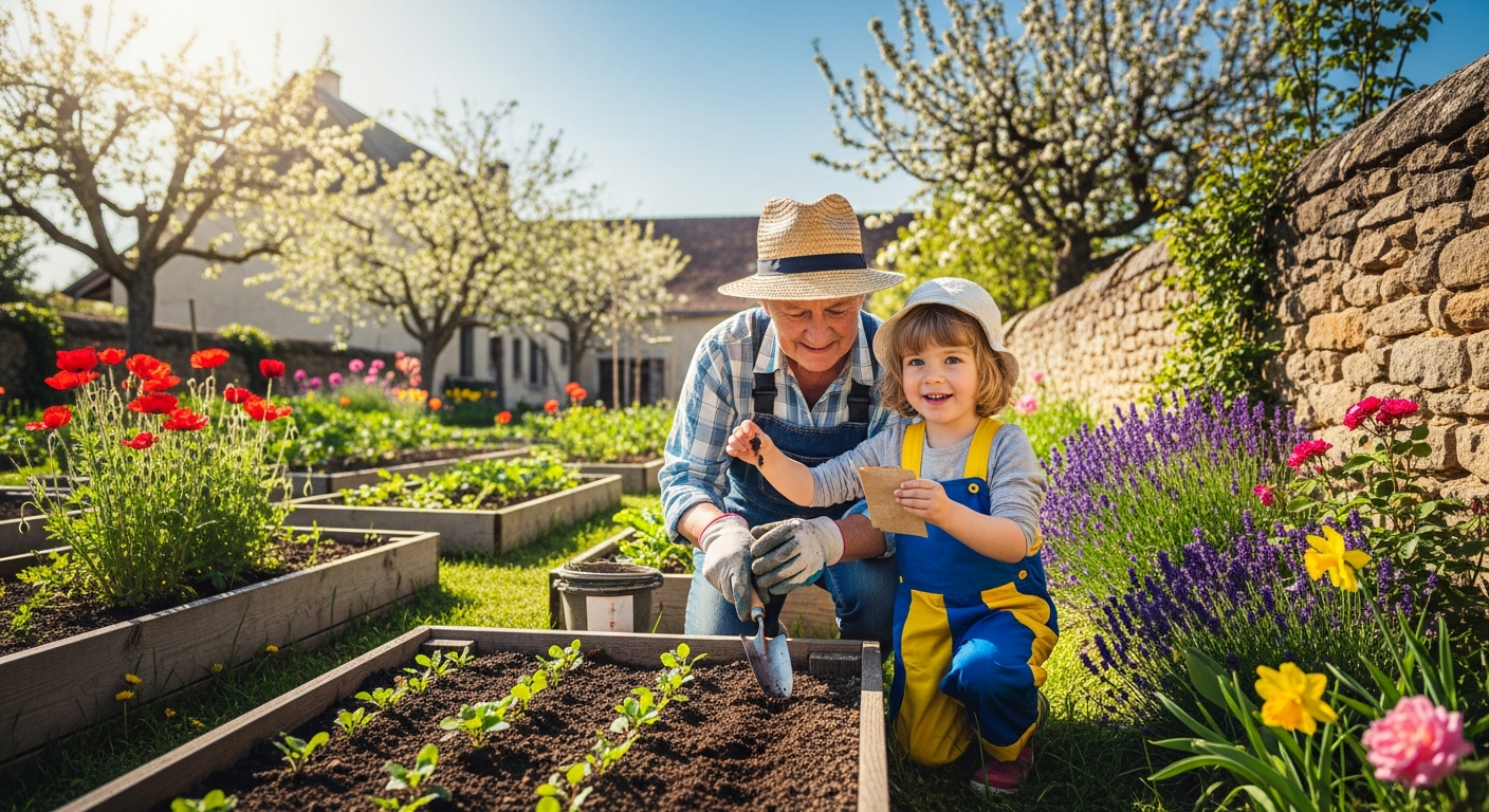 Grand-parent et petit-enfant plantant des graines au potager au printemps