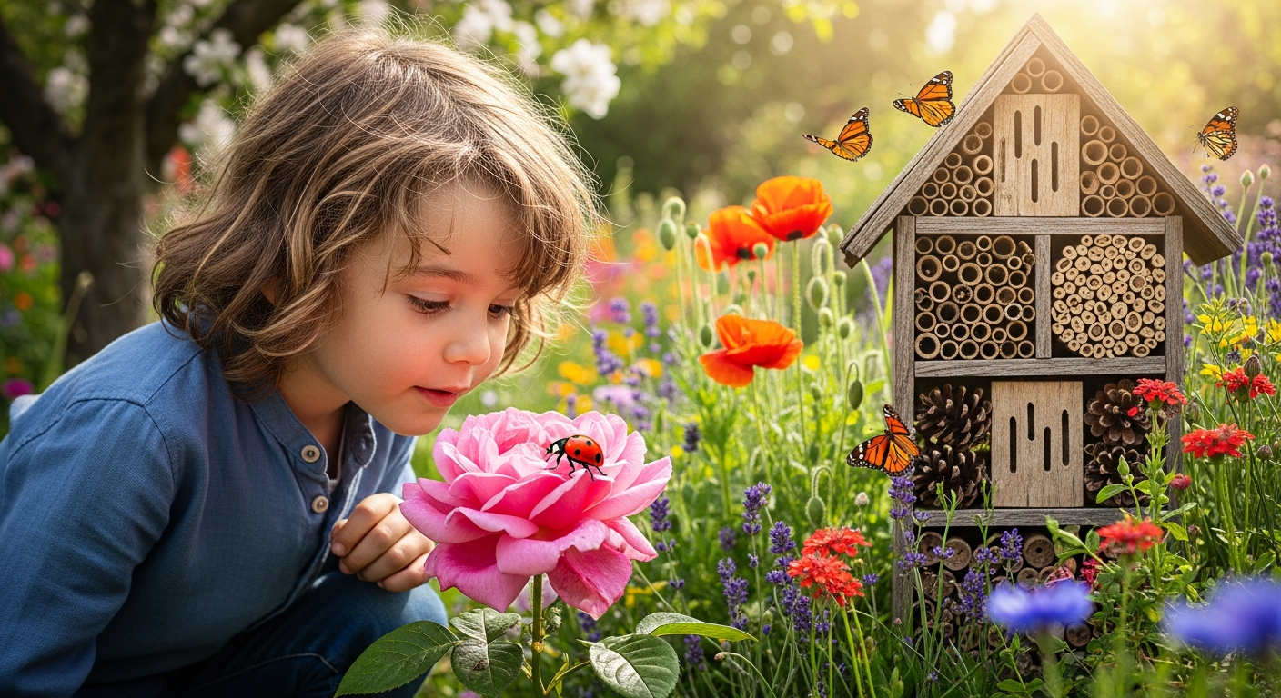 Enfant observant une coccinelle dans un jardin fleuri