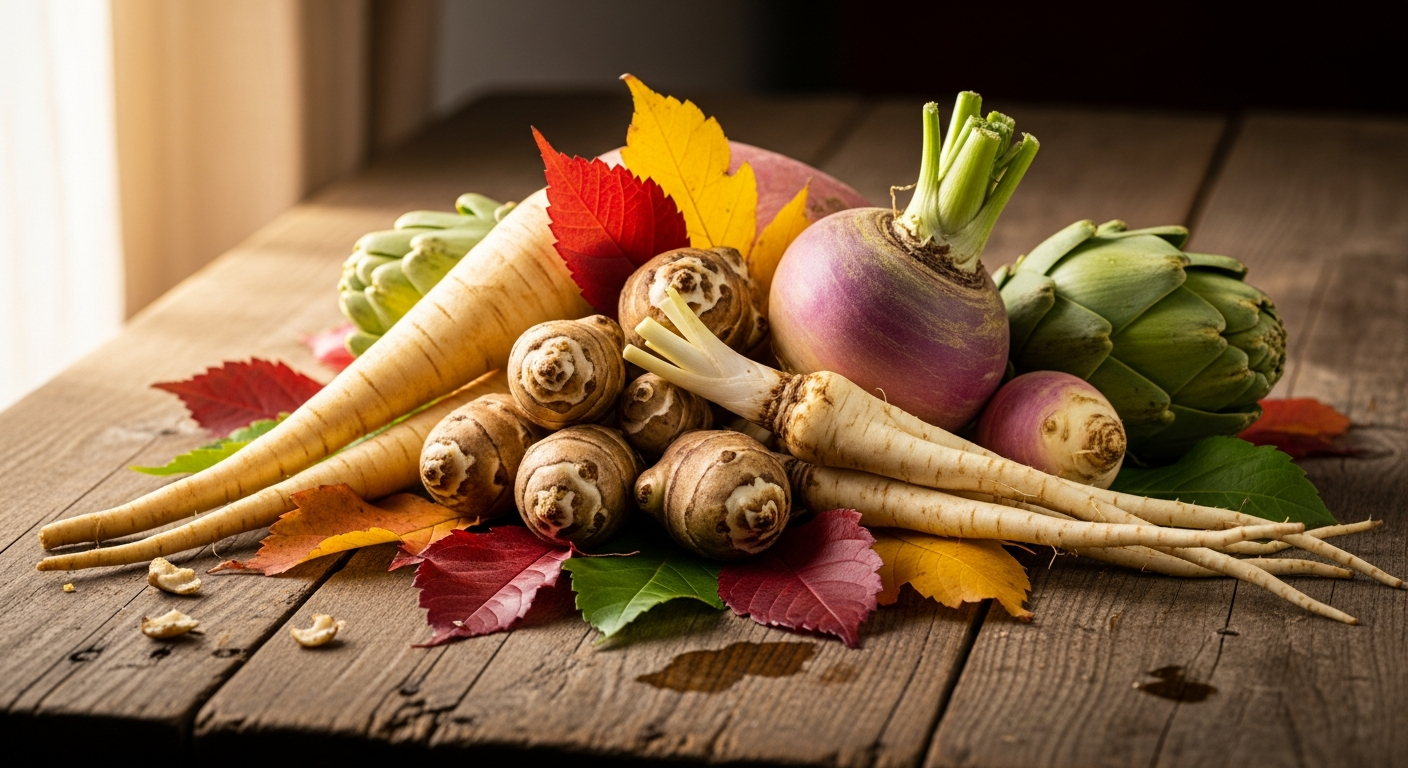 Légumes oubliés : panais, topinambour et rutabaga sur une table rustique