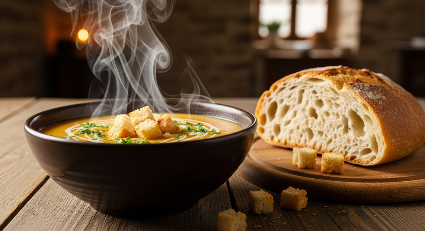 Soupe veloutée aux légumes oubliés servie dans un bol rustique