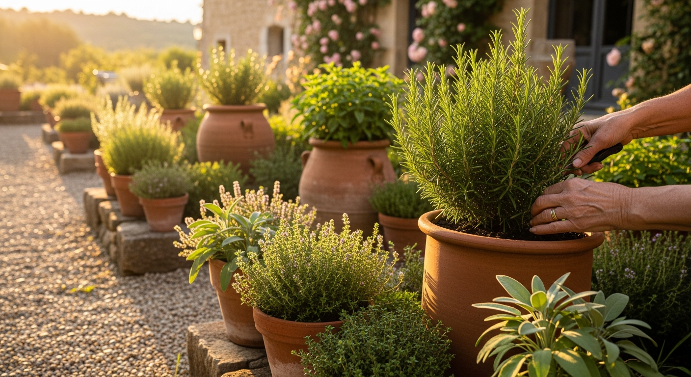 Jardin d'herbes aromatiques de grand-mère avec pots en terre cuite