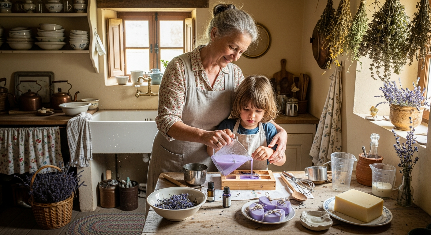 Grand-mère et petit-enfant fabriquant du savon à la lavande dans une cuisine rustique
